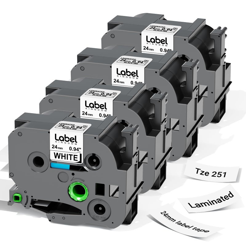Label KINGDOM TZe-251 24mm (0.94") tz Laminated White Label Maker Tape Refills Compatible with Brother P-Touch PT D610BT D600 P710BT P750W 950W, 4-Pack 1 in Tze251 - Image 1