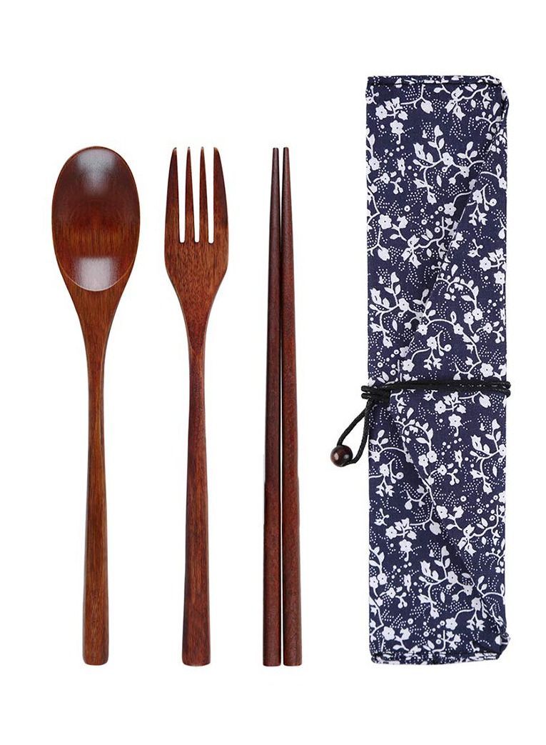 نيبمينينت Wooden Fork Spoon Three piece Suit Japanese Korea Style Travel Portable Tableware Nice Dinnerware Foodie Novelty Business No Entangled 3 Piece Set Morning Glory Bag - Image 1