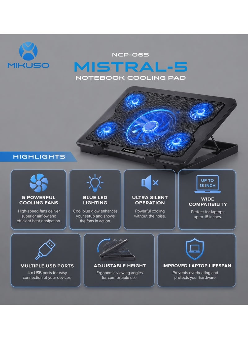 ميكوسو قاعدة تبريد الكمبيوتر المحمول Mikuso MISTRAL-5 | مبرد كمبيوتر محمول بخمس مراوح مع إضاءة LED زرقاء، ارتفاع قابل للتعديل ومنافذ USB - Image 2