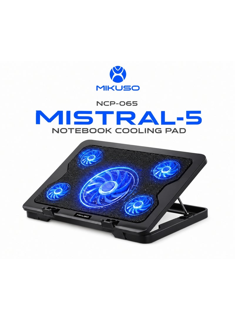 ميكوسو قاعدة تبريد الكمبيوتر المحمول Mikuso MISTRAL-5 | مبرد كمبيوتر محمول بخمس مراوح مع إضاءة LED زرقاء، ارتفاع قابل للتعديل ومنافذ USB - Image 1