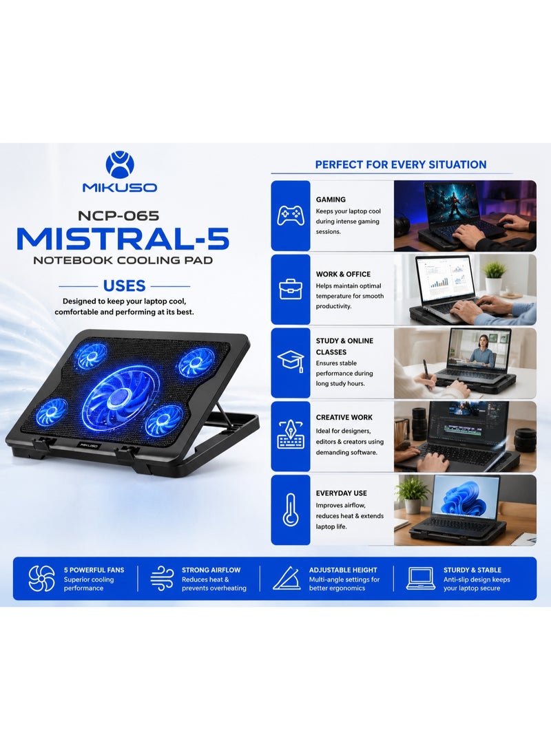 ميكوسو قاعدة تبريد الكمبيوتر المحمول Mikuso MISTRAL-5 | مبرد كمبيوتر محمول بخمس مراوح مع إضاءة LED زرقاء، ارتفاع قابل للتعديل ومنافذ USB - Image 3