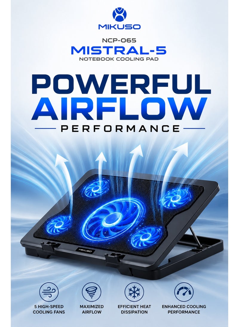 ميكوسو قاعدة تبريد الكمبيوتر المحمول Mikuso MISTRAL-5 | مبرد كمبيوتر محمول بخمس مراوح مع إضاءة LED زرقاء، ارتفاع قابل للتعديل ومنافذ USB - Image 4