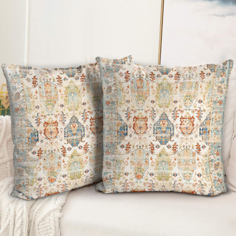 BUAEL Boho Floral Throw Pillow Covers 18x18 inch Set of 2,Beige Boho Rug Geometric Floral Pattern Decor Double Sided Pattern Cushion Cover Soft Pillow Case Living Sofa Room Bed Square Pillow Cover - Image 1