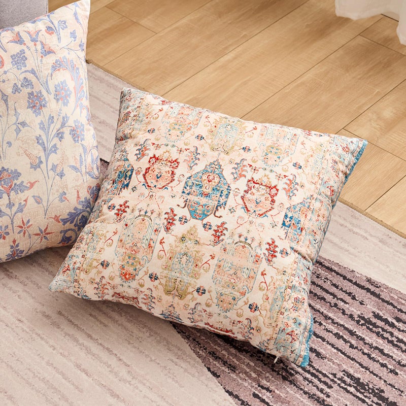 BUAEL Boho Floral Throw Pillow Covers 18x18 inch Set of 2,Beige Boho Rug Geometric Floral Pattern Decor Double Sided Pattern Cushion Cover Soft Pillow Case Living Sofa Room Bed Square Pillow Cover - Image 5