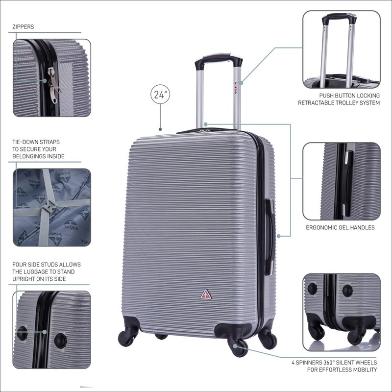 InUSA ROYAL Hardside Spinner Luggage with Ergonomic Handles | Spacious Travel Suitcase with Four Spinner Wheels and Studs | 24 Inch Medium Spinner Luggage | Silver - Image 3