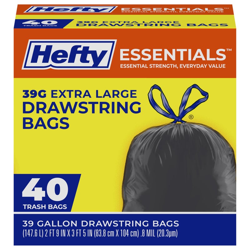 Hefty أكياس قمامة هيفتي إيسينشالز كبيرة جداً سعة 39 جالون، 40 قطعة، أكياس قمامة كبيرة جداً للمناظر الطبيعية، نفايات الفناء، تنظيف القبو، تجديد المنزل، والمزيد، بدون رائحة، سوداء - Image 1