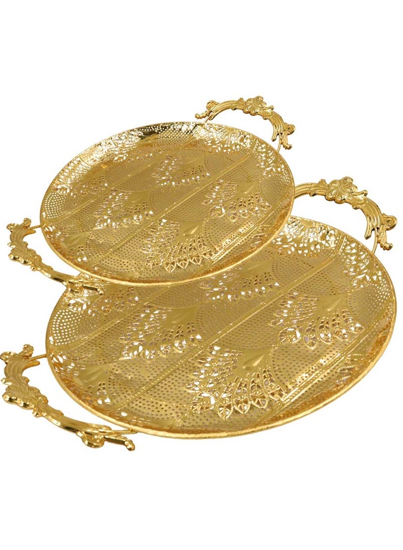 Luxury Gold-Plated Metal Serving Tray with Ornate Handles | Elegant Decorative Round Tray for Home & Events - Image 1