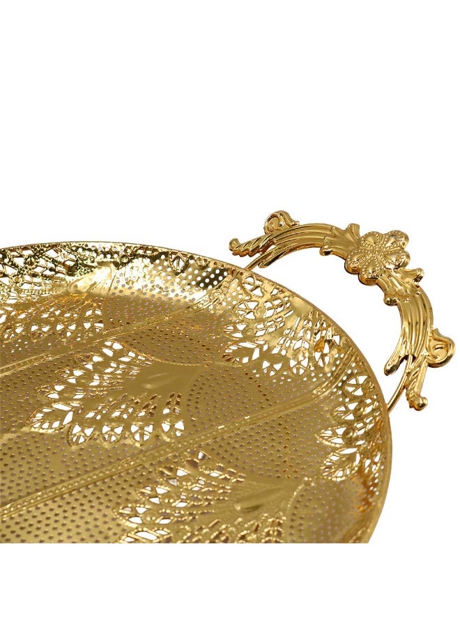 Luxury Gold-Plated Metal Serving Tray with Ornate Handles | Elegant Decorative Round Tray for Home & Events - Image 2