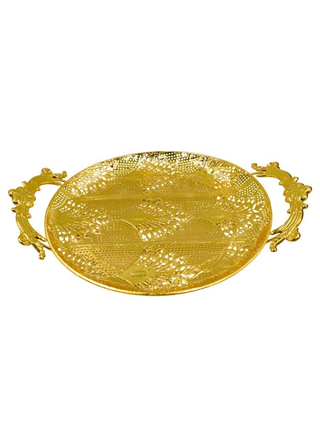 Luxury Gold-Plated Metal Serving Tray with Ornate Handles | Elegant Decorative Round Tray for Home & Events - Image 3