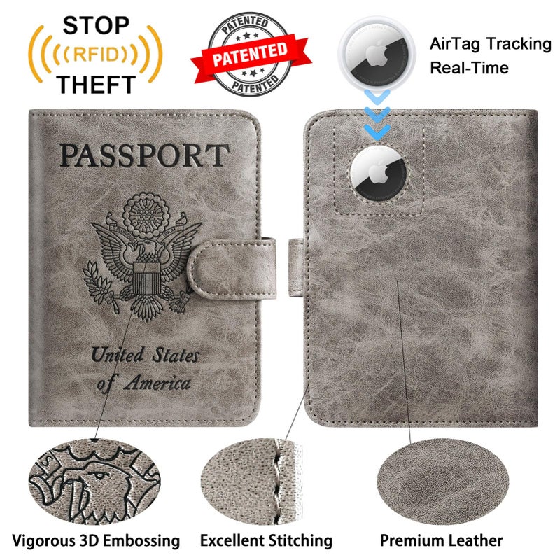 PASCACOO Airtag Passport Holder Cover Wallet RFID Blocking Leather Case Travel Essentials Luggage Accessories Travel Must Have(118#Grey) - Image 2