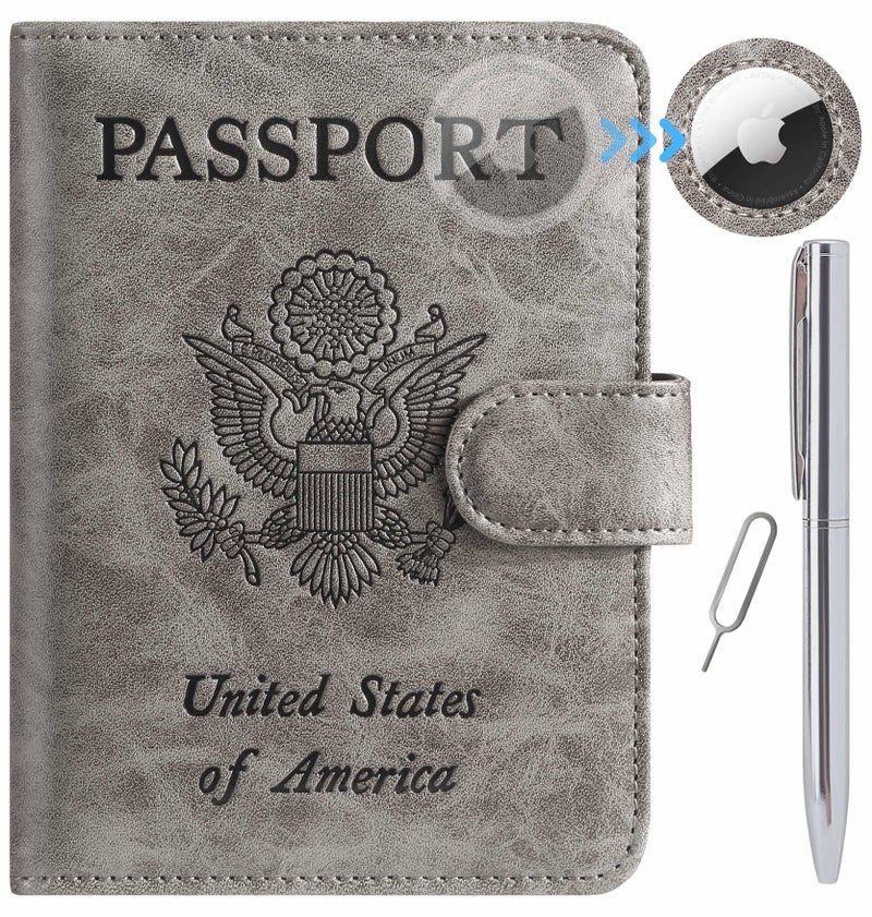 PASCACOO Airtag Passport Holder Cover Wallet RFID Blocking Leather Case Travel Essentials Luggage Accessories Travel Must Have(118#Grey) - Image 1