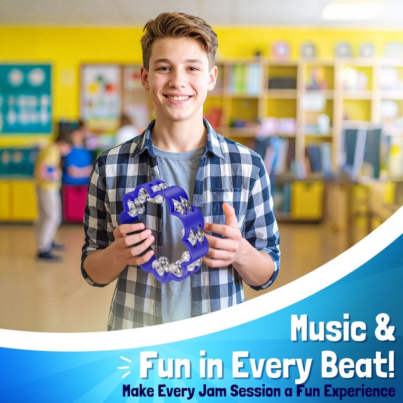 Flexzion Flower Tambourine - 8 Inch Handheld Percussion Instrument w/Metal Jingles & Ergonomic Grip - Small Tambourines for Adults, Kids, Church, Parties, & Musical Events (Blue) - Image 3