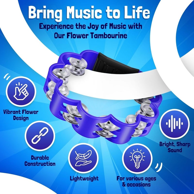 Flexzion Flower Tambourine - 8 Inch Handheld Percussion Instrument w/Metal Jingles & Ergonomic Grip - Small Tambourines for Adults, Kids, Church, Parties, & Musical Events (Blue) - Image 5