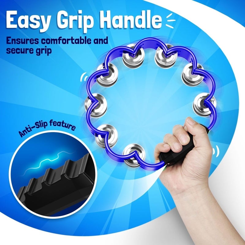 Flexzion Flower Tambourine - 8 Inch Handheld Percussion Instrument w/Metal Jingles & Ergonomic Grip - Small Tambourines for Adults, Kids, Church, Parties, & Musical Events (Blue) - Image 4