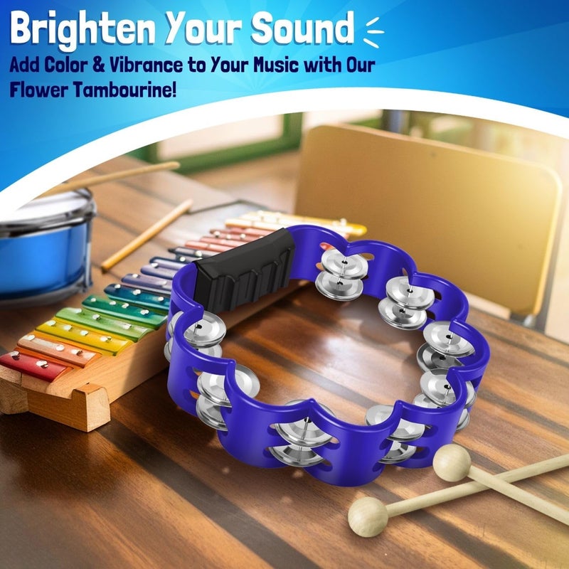 Flexzion Flower Tambourine - 8 Inch Handheld Percussion Instrument w/Metal Jingles & Ergonomic Grip - Small Tambourines for Adults, Kids, Church, Parties, & Musical Events (Blue) - Image 2
