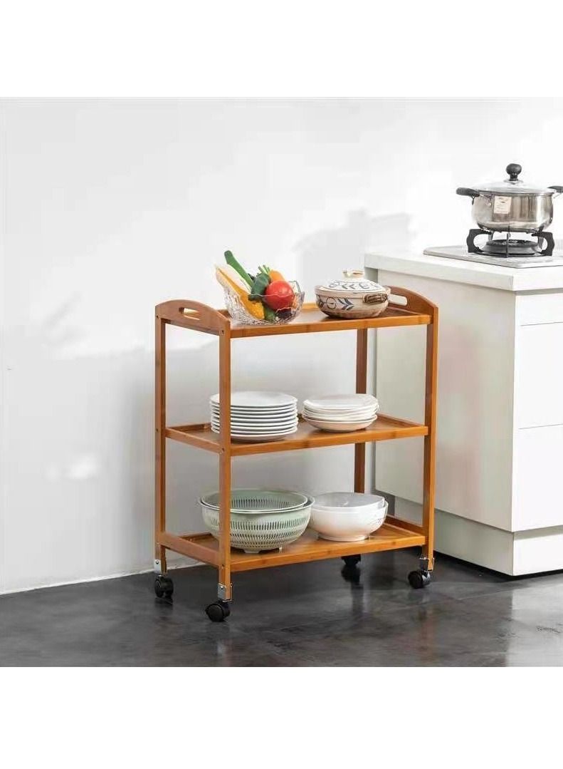 LINGWEI Bamboo Kitchen Trolley 3 Tier Kitchen Storage Rack Serving Trolley Island Cart with Rotating Wheels For Restaurant Party Home - Image 2