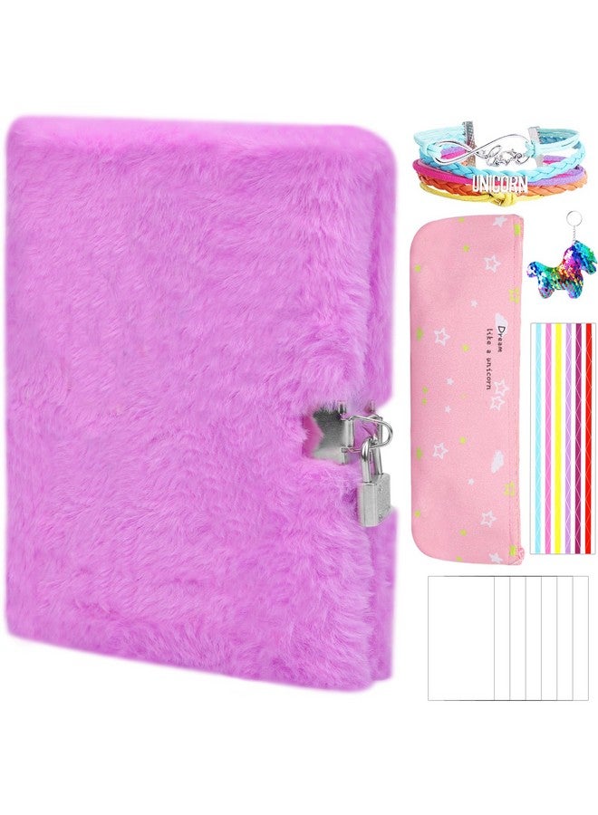 Hicdaw Hicdaw 11Pcs Plush Diary with Lock, Journal Set with Notebook Pencil Case Keychain Bracelet and Photo Stickers for Girls Kids Writing and Drawing  - Image 1