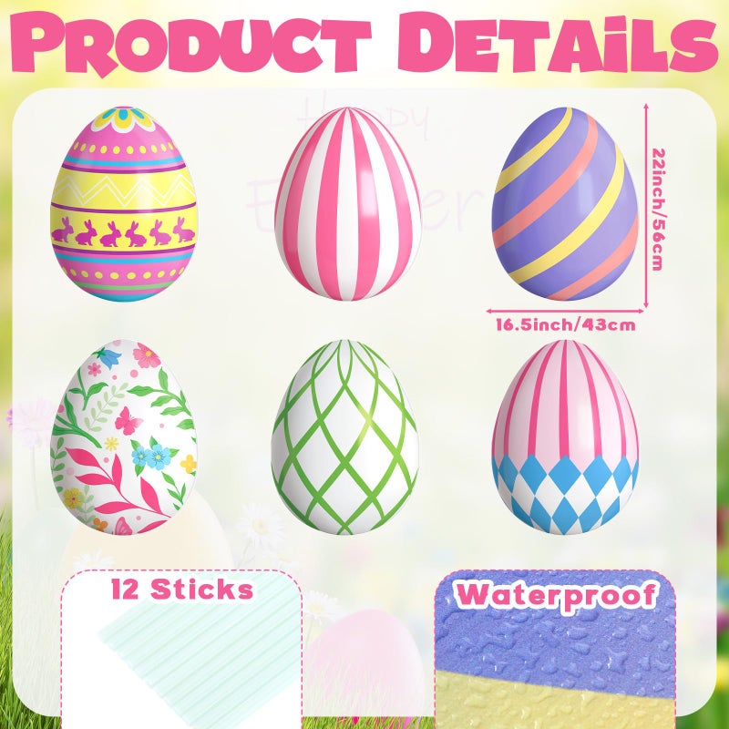 GlikCeil 6 Pcs Large Easter Eggs Yard Signs Easter Outdoor Lawn Decorations Waterproof Eggs Lawn Signs with Stakes for Spring Outdoor Garden Lawn Decoration, 22 x 17 inches - Image 2