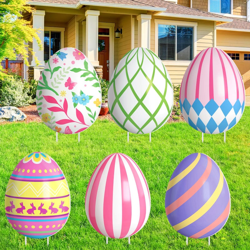 GlikCeil 6 Pcs Large Easter Eggs Yard Signs Easter Outdoor Lawn Decorations Waterproof Eggs Lawn Signs with Stakes for Spring Outdoor Garden Lawn Decoration, 22 x 17 inches - Image 1