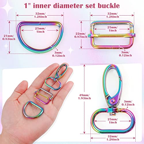 PECMER Rainbow Swivel Hardware Buckles D Ring Clasp Set 1" Lanyard Snap Hooks 18 Pcs Purse Bag Making Hardware for Purses Straps Bag Keychain DIY Craft Project 25mm - Image 2