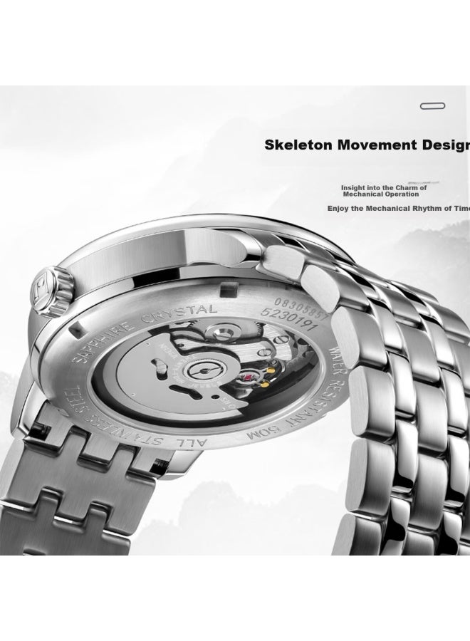 Rossini Men's Watch Luminous Dual Calendar Mechanical White Dial Steel Strap 5230191 Birthday Gift - Image 3