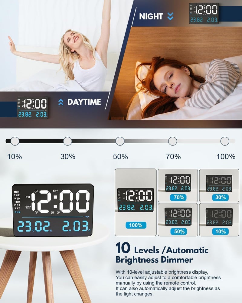 SYGNIUS Digital Wall Clock, Digital Clock Large Display, Dual Alarms, Automatic Brightness Dimmer- Easy Track The Time, Date, Day of Week and Temperature, with Remote Control (16" SQUARE WHITE & BLUE) - Image 4