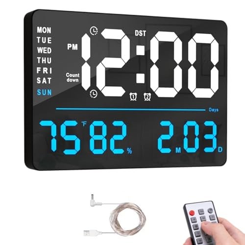 SYGNIUS Digital Wall Clock, Digital Clock Large Display, Dual Alarms, Automatic Brightness Dimmer- Easy Track The Time, Date, Day of Week and Temperature, with Remote Control (16" SQUARE WHITE & BLUE) - Image 1