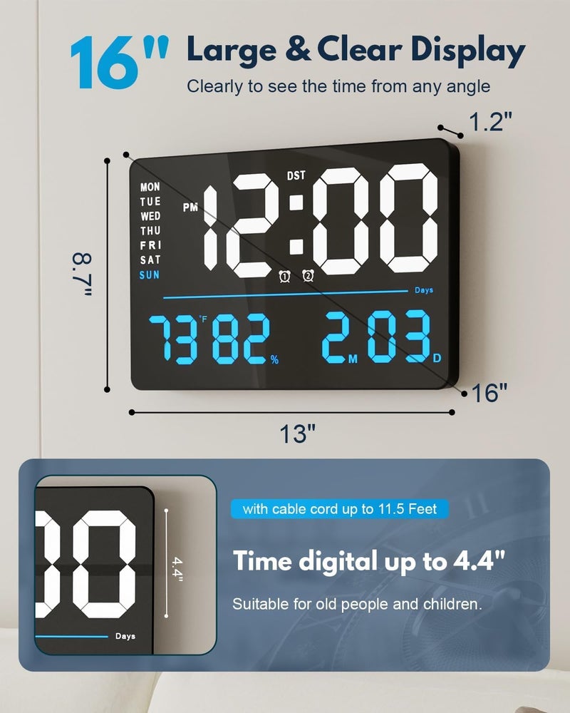 SYGNIUS Digital Wall Clock, Digital Clock Large Display, Dual Alarms, Automatic Brightness Dimmer- Easy Track The Time, Date, Day of Week and Temperature, with Remote Control (16" SQUARE WHITE & BLUE) - Image 2