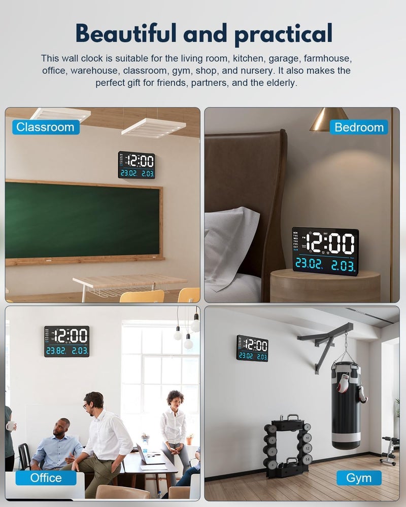 SYGNIUS Digital Wall Clock, Digital Clock Large Display, Dual Alarms, Automatic Brightness Dimmer- Easy Track The Time, Date, Day of Week and Temperature, with Remote Control (16" SQUARE WHITE & BLUE) - Image 5