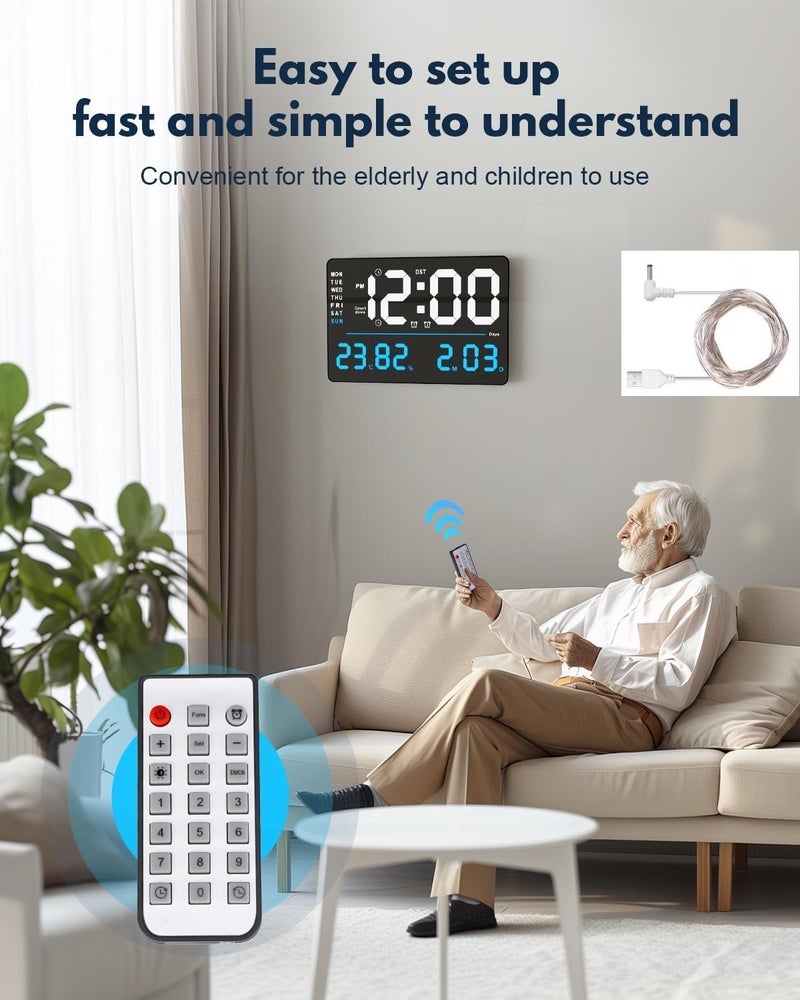 SYGNIUS Digital Wall Clock, Digital Clock Large Display, Dual Alarms, Automatic Brightness Dimmer- Easy Track The Time, Date, Day of Week and Temperature, with Remote Control (16" SQUARE WHITE & BLUE) - Image 3