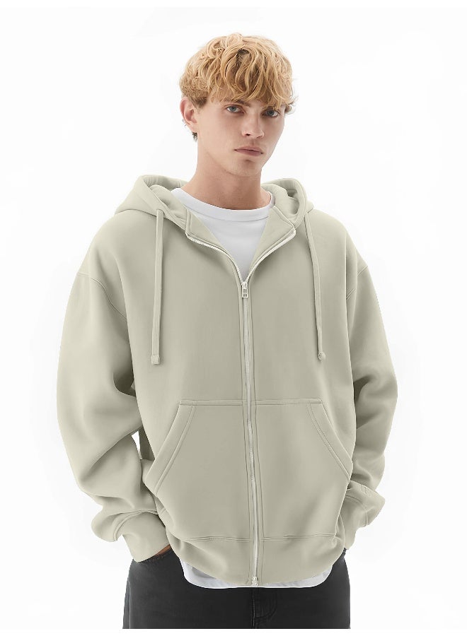 مانياك سويت شيرت رجالي بقلنسوة وسحاب كامل لون كريمي نصف أبيض بقصة فضفاضة من نسيج فرنسي تيري - Image 3