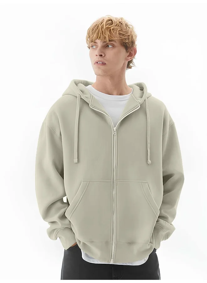 مانياك سويت شيرت رجالي بقلنسوة وسحاب كامل لون كريمي نصف أبيض بقصة فضفاضة من نسيج فرنسي تيري