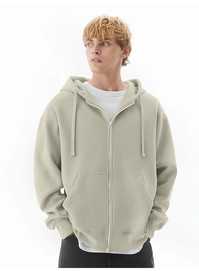 مانياك سويت شيرت رجالي بقلنسوة وسحاب كامل لون كريمي نصف أبيض بقصة فضفاضة من نسيج فرنسي تيري - Image 1