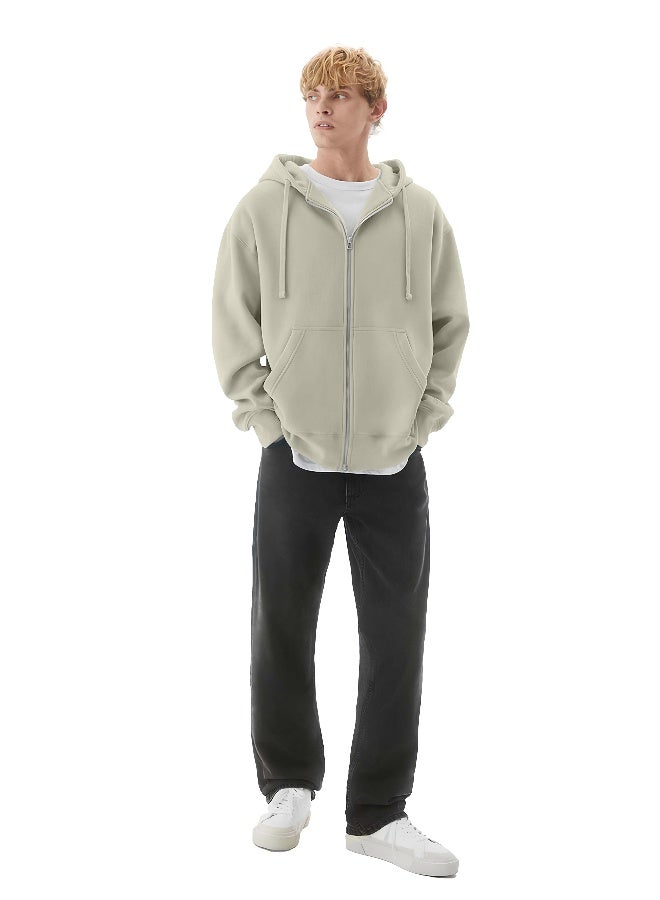 مانياك سويت شيرت رجالي بقلنسوة وسحاب كامل لون كريمي نصف أبيض بقصة فضفاضة من نسيج فرنسي تيري - Image 5