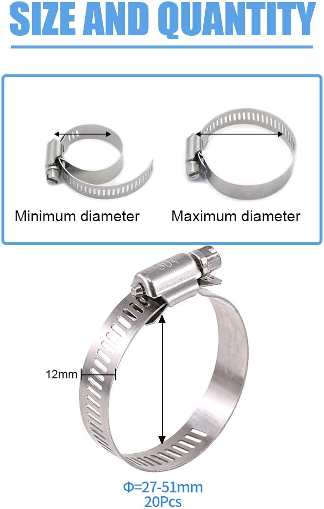 Glarks 20Pcs 304 Stainless Steel Adjustable 27-51MM Range Worm Gear Hose Clamps Assortment Kit, Fuel Line Clamp for Water Pipe, Plumbing, Automotive and Mechanical Application (27-51MM) - Image 2