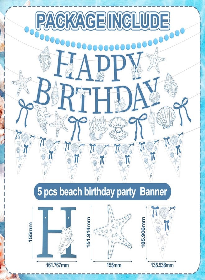 Moukeren 5 Pcs Seashell Birthday Party Decorations Blue Bow Starfish and Seashell Happy Birthday Banner Garland for Under The Sea Summer Mermaid Baby Shower Party Decorations - Image 2