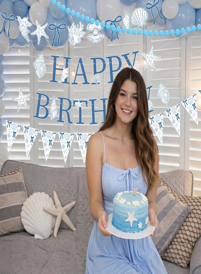 Moukeren 5 Pcs Seashell Birthday Party Decorations Blue Bow Starfish and Seashell Happy Birthday Banner Garland for Under The Sea Summer Mermaid Baby Shower Party Decorations - Image 4
