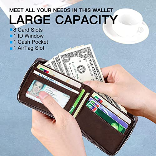 Huztencor AirTag Wallet, Mens Zipper RFID Slim Leather Credit Card Wallet With Built-in Case Holder for Apple AirTag - Oil Coffee - Image 3