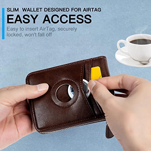 Huztencor AirTag Wallet, Mens Zipper RFID Slim Leather Credit Card Wallet With Built-in Case Holder for Apple AirTag - Oil Coffee - Image 4