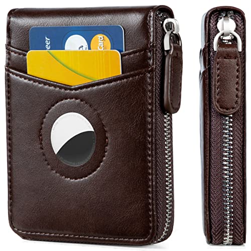 Huztencor AirTag Wallet, Mens Zipper RFID Slim Leather Credit Card Wallet With Built-in Case Holder for Apple AirTag - Oil Coffee - Image 1