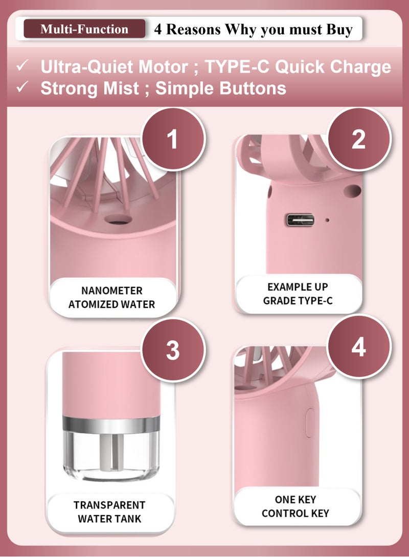YooA 3 Adjustable Speed Handheld Rechargeable Mist Fan/Portable Mini Fan | Air Conditioner Fan Strong Power, TYPE-C Quick Charge, 500mAh, Hand Held for Sports/Outdoor/Camping/Travel/Office/(Pink)  - Image 4