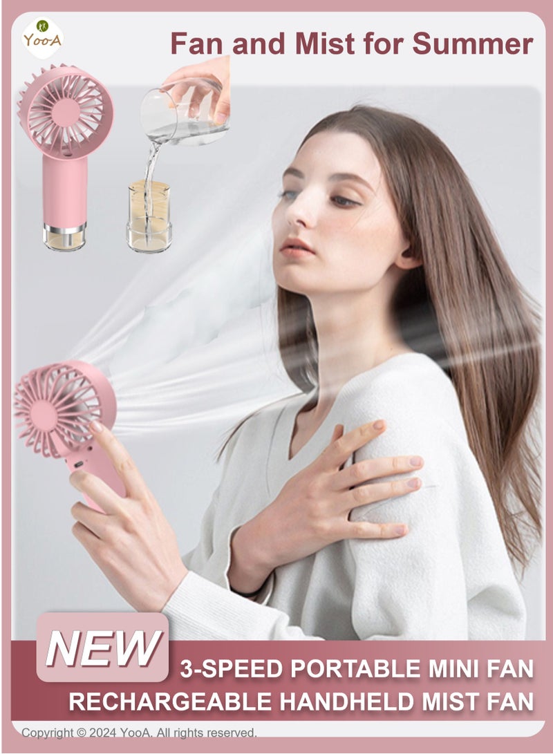 YooA 3 Adjustable Speed Handheld Rechargeable Mist Fan/Portable Mini Fan | Air Conditioner Fan Strong Power, TYPE-C Quick Charge, 500mAh, Hand Held for Sports/Outdoor/Camping/Travel/Office/(Pink)  - Image 1
