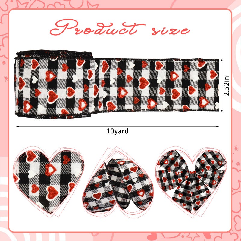 Hying Valentine's Day Glitter Heart Ribbons for Wreath Bows Wrapping Gifts, Black and White Buffalo Plaid Ribbons for Valentine's Day Wedding Decoration DIY Crafts, 2.48" X 10 Yards Wired Edge Burlap Ribbon - Image 2