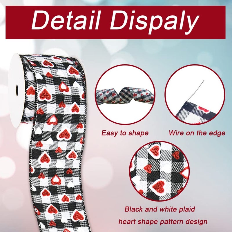 Hying Valentine's Day Glitter Heart Ribbons for Wreath Bows Wrapping Gifts, Black and White Buffalo Plaid Ribbons for Valentine's Day Wedding Decoration DIY Crafts, 2.48" X 10 Yards Wired Edge Burlap Ribbon - Image 3
