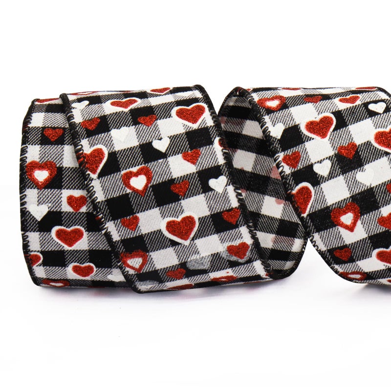 Hying Valentine's Day Glitter Heart Ribbons for Wreath Bows Wrapping Gifts, Black and White Buffalo Plaid Ribbons for Valentine's Day Wedding Decoration DIY Crafts, 2.48" X 10 Yards Wired Edge Burlap Ribbon - Image 1