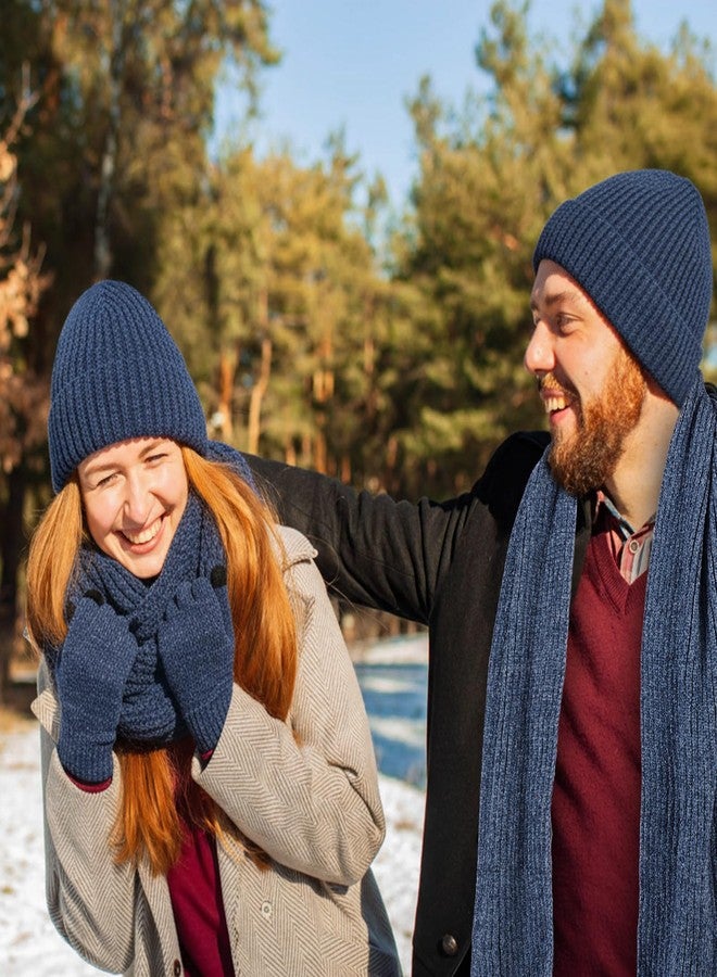Breathffy طقم بريثفي الشتوي المكون من 4 قطع: قبعة، وشاح، قفازات، عصابة رأس، قبعة صوفية محبوكة، قفازات تعمل باللمس، وشاح طويل، هدية مثالية لعيد الميلاد للنساء والرجال، لون أزرق داكن، مقاس واحد - Image 4