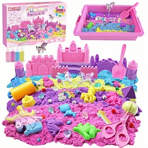 BEIREG Unicorn Sensory Bin Sand Kit 155 Pcs with 22lbs Sand 9 Castle 8 Unicorn Molds 12 Tools Tactile Sensory Fillers for Girls Age 49 Gifts - Image 1