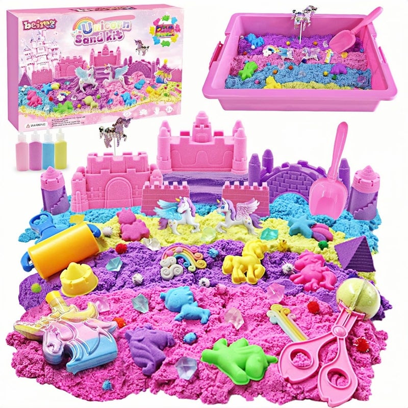 BEIREG Unicorn Sensory Bin Sand Kit 155 Pcs with 22lbs Sand 9 Castle 8 Unicorn Molds 12 Tools Tactile Sensory Fillers for Girls Age 49 Gifts - Image 2