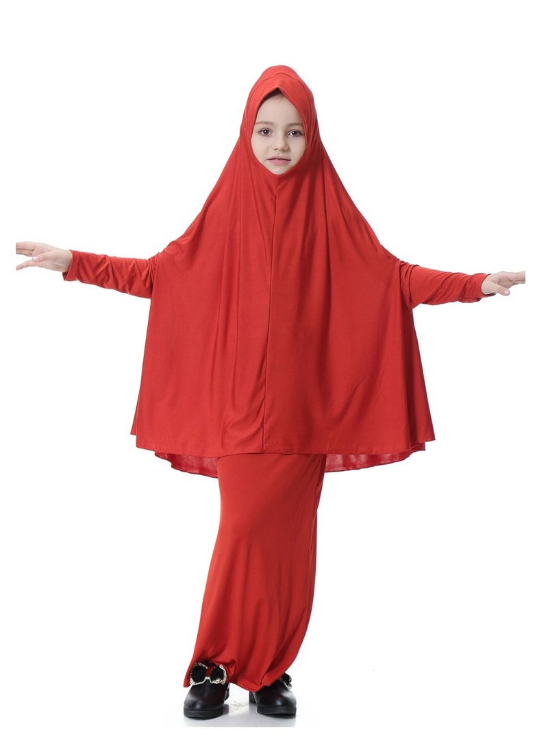 Loquat Girl's Traditional 2-Piece Set Solid Color Abaya Robe And Skirt Suit Red  - Image 1