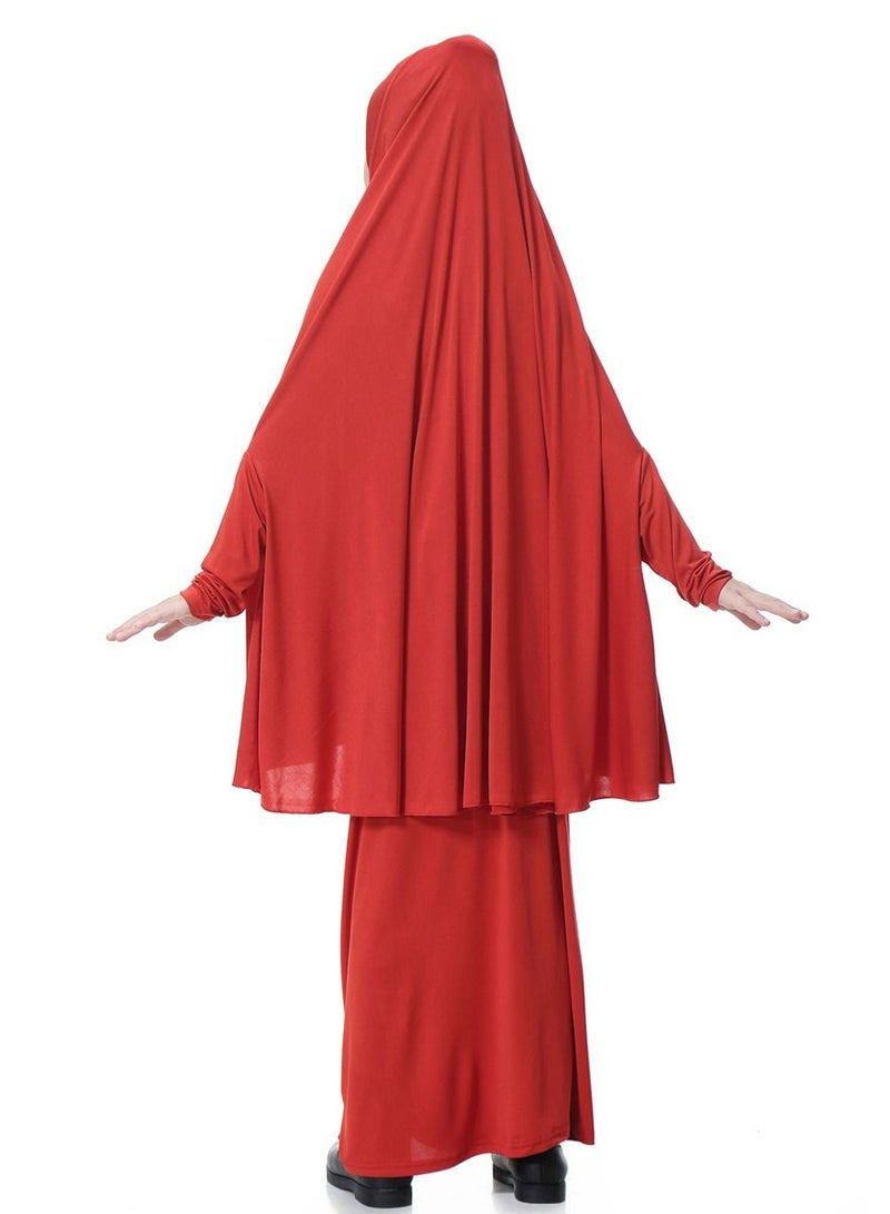 Loquat Girl's Traditional 2-Piece Set Solid Color Abaya Robe And Skirt Suit Red  - Image 2